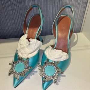 Amina Muaddi Aqua Embellished Slingback Heels
